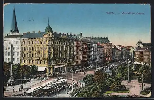 AK Wien, Mariahilferstrasse mit Strassenbahnen aus der Vogelschau