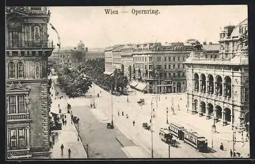AK Wien, Opernring mit Strassenbahnen aus der Vogelschau