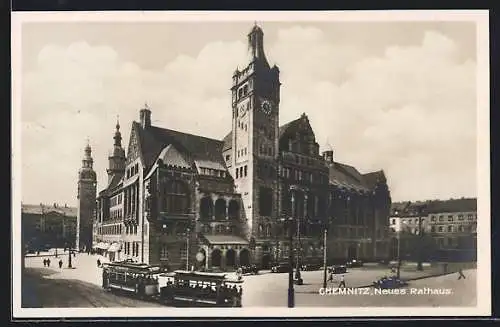 AK Chemnitz, Neues Rathaus mit Strassenbahn