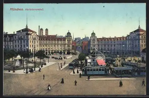 AK München, Strassenbahnen auf dem Karlstorrondell