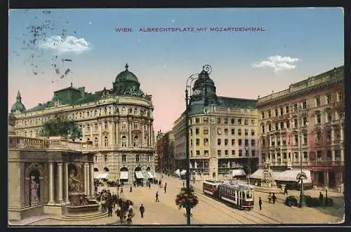 AK Wien, Albrechtsplatz mit Mozartdenkmal u. Strassenbahn