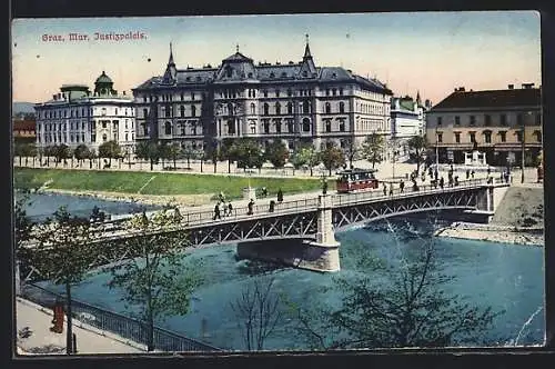 AK Graz, Murbrücke mit Strassenbahn vor dem Justizpalast