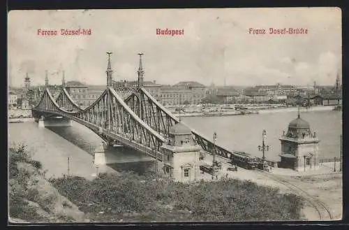 AK Budapest, Franz-Josef-Brücke mit Strassenbahn