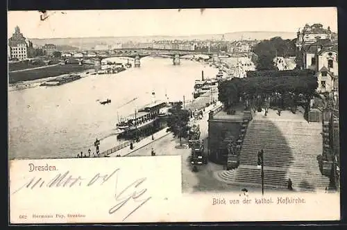 AK Dresden, Blick von der Hofkirche auf Elbe und Uferstrasse mit Strassenbahn