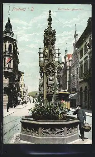 AK Freiburg, Gotischer Brunnen, Strassenbahn