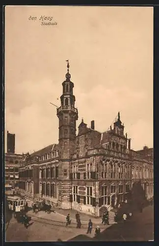 AK Den Haag, Stadthuis, Strassenbahn