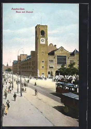 AK Amsterdam, Beurs met Damrak, Strassenbahn