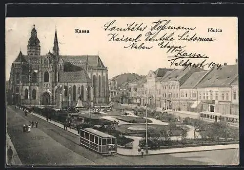 AK Kassa, Fö-utca, Strassenansicht mit Strassenbahn
