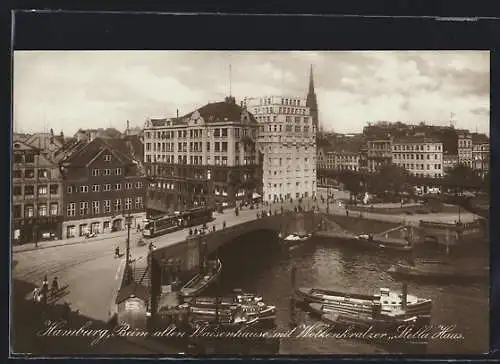 AK Hamburg, Rödingsmarkt mit Brücke und Strassenbahn