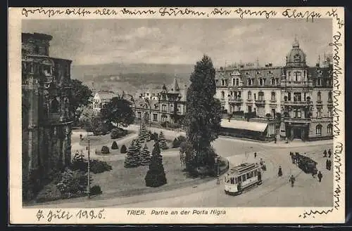 AK Trier, Partie an der Porta Nigra, Strassenbahn, Kutsche