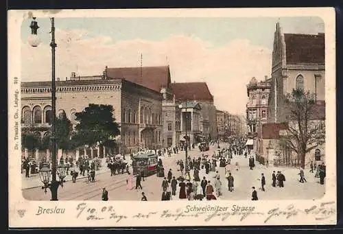 AK Breslau, Schweidnitzer Strasse mit Strassenbahn
