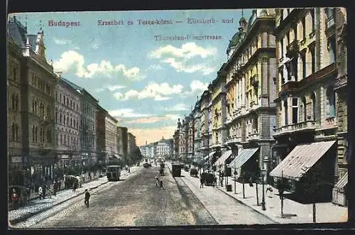 AK Budapest, Elisabeth- und Theresien-Ringstrasse mit Strassenbahn