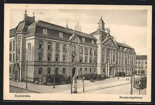 AK Karlsruhe, Strassenbahn vor dem Hauptpostgebäude