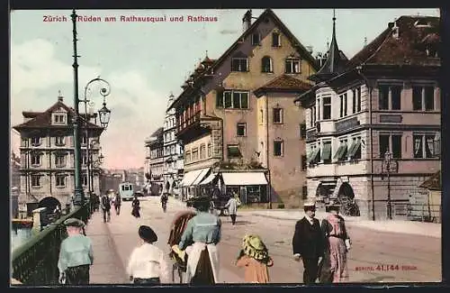 AK Zürich, Strassenbahn am Rathausquai und Rathaus