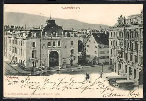 AK Zürich, Paradeplatz mit Strassenbahn