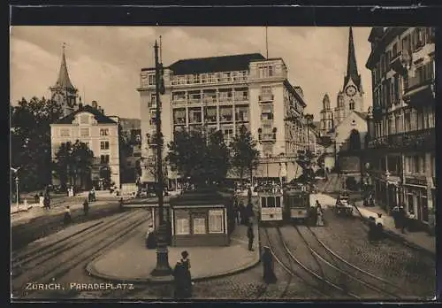 AK Zürich, Strassenbahn am Paradeplatz
