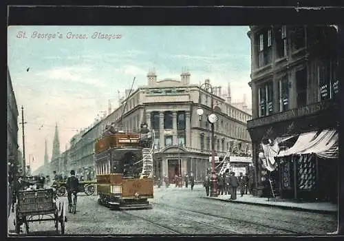 AK Glasgow, St. George's Cross, Strassenbahn