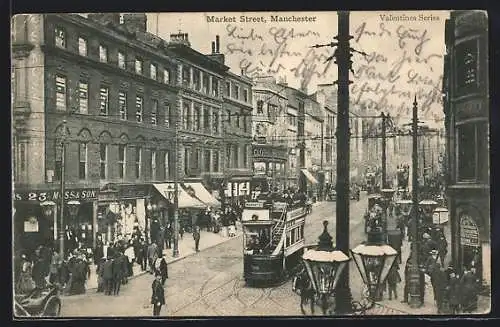 AK Manchester, Market Street, Strassenbahn