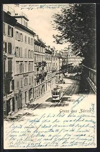 AK Zürich, Strassenpartie mit Strassenbahn aus der Vogelschau