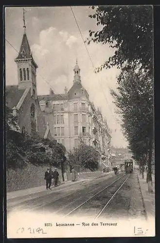 AK Lausanne, Rue des Terreaux, Strassenbahn