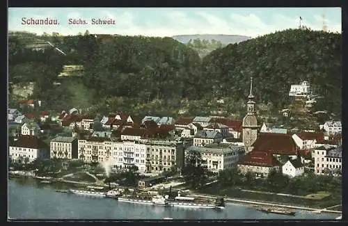 AK Bad Schandau, Ortsansicht mit Dampfer aus der Vogelschau