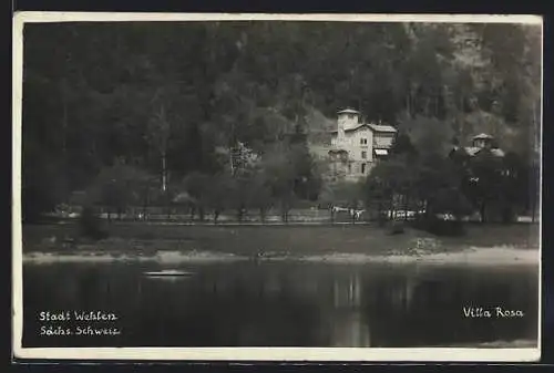 AK Wehlen / Elbe, Hotel-Pension Villa Rosa, vom Wasser gesehen