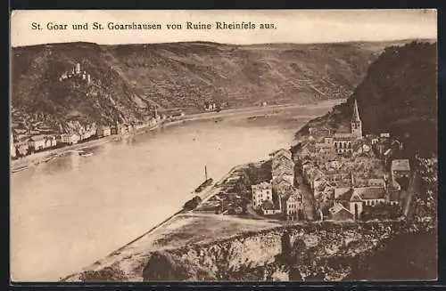 AK St. Goar, Ortsansicht mit St. Goarshausen von Ruine Rheinfels aus