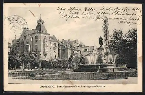 AK Augsburg, Prinzregentenstrasse und Prinzregenten-Brunnen