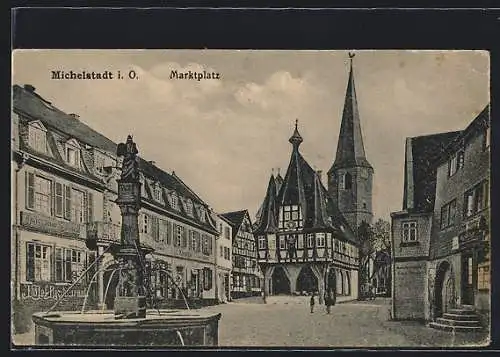 AK Michelstadt i. O., Marktplatz mit Brunnen und Kirche
