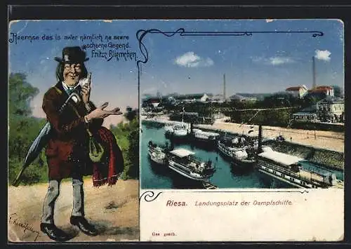 AK Riesa, Landungsplatz für Dampfschiffe, Mann mit Regenschirm