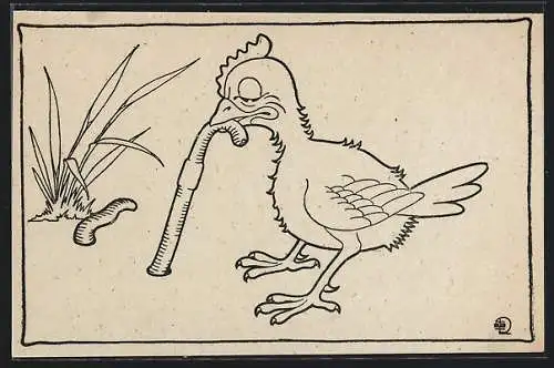 Ausmal-AK Huhn zieht angestrengt einen Wurm aus dem Boden