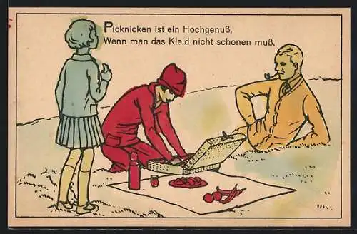 Ausmal-AK Familie bei einem Picknick