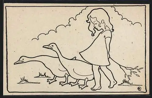 Ausmal-AK Kleines Mädchen mit zwei Gänsen