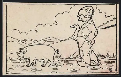 Ausmal-AK Armer Mann mit Schwein und Gans