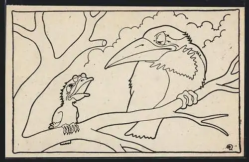 Ausmal-AK Vogel Vater hört seinem schnatternden Sohn zu