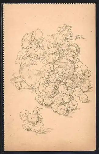 Ausmal-AK Blumenstrauss und Weintrauben