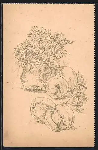 Ausmal-AK Blumenstrauss und Pfirsische
