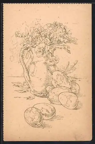 Ausmal-AK Blumenstrauss mit reifem Obst