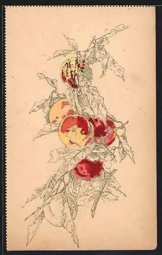 Ausmal-AK Zweig mit reifen Pfirsischen
