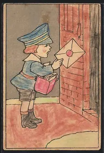 Ausmal-AK Kleiner Postbote verteilt Briefe