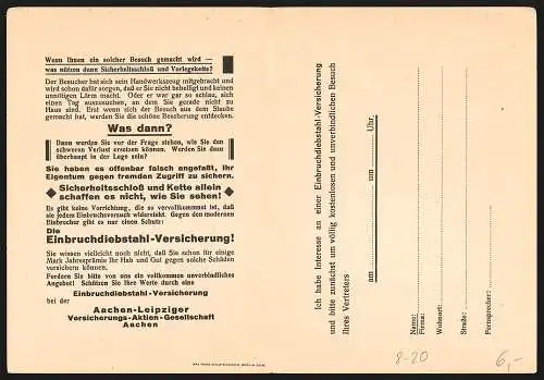 Klapp-AK Einbrecher!, Reklame der Aachen-Leipziger-Versicherungs-Aktien-Gesellschaft Aachen