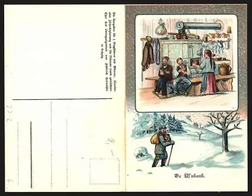 Klapp-Lied-AK Anton Günther NR 9: Da Uf`nbank, Männer sitzen auf der Ofenbank, Wanderer läuft durch den Schnee