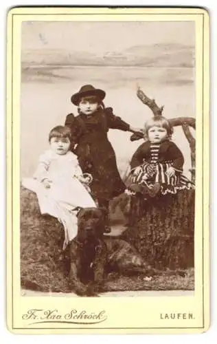Fotografie Fr. Xav. Schröck, Laufen / Salzach, drei niedliche Mädchen mit ihrem Hund zu Füssen