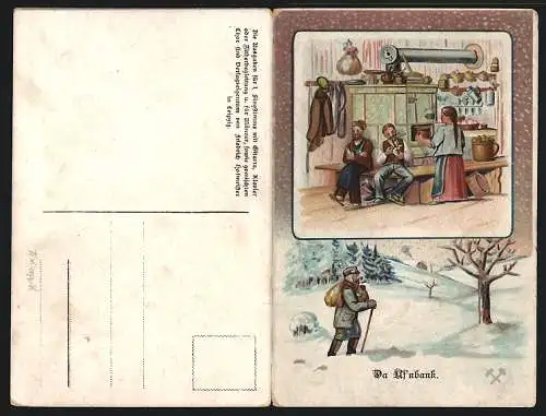 Klapp-Lied-AK Anton Günther Nr.9: Da Uf`nbank, Familie in der Küche, Mann im Schnee