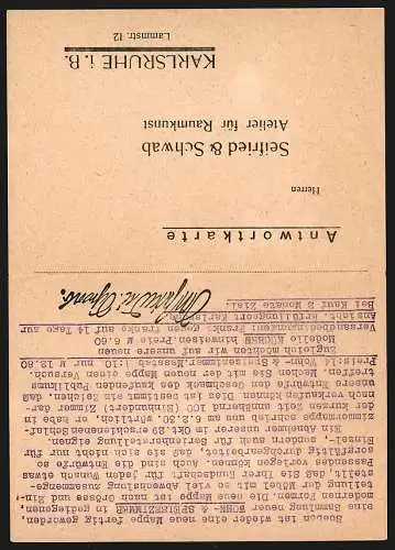 Klapp-AK Karlsruhe i. B., Seifried & Schwab, Atelier für Raumkunst, Reklame 1930