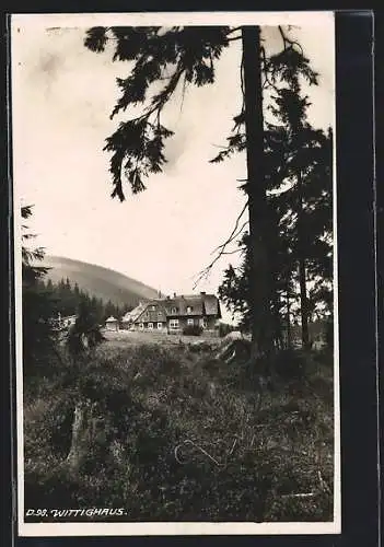 AK Wittighaus, Berghütte von einer Bergwiese aus gesehen