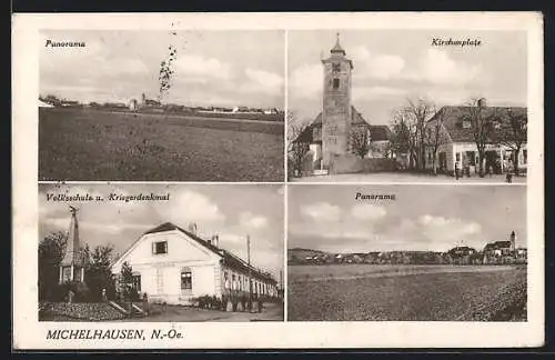 AK Michelhausen, Volksschule u. Kriegerdenkmal, Kirchenplatz, Panorama