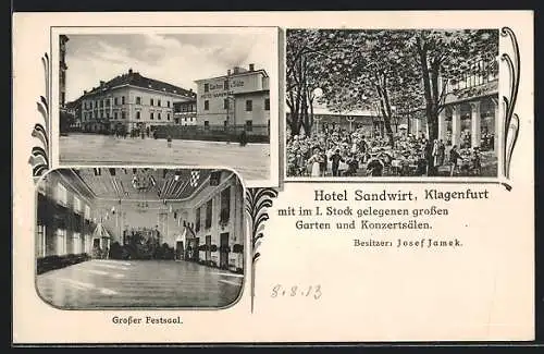 AK Klagenfurt, Hotel Sandwirt, Grosser Festsaal und Garten