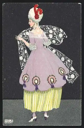 Künstler-AK Mela Köhler: Elegante Dame in grün-violettem Kleid mit Stola