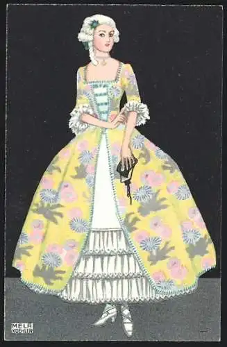 Künstler-AK Mela Köhler: Elegante Dame in geblümtem Kleid nach Mode des Barock
